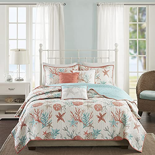 Madison Park Quilt Set Cottage Coastal Design, Starfish Print - All Season, Coverlet Bedspread Lightweight Bedding Layer, Shams, Toss Pillows, King/Cal King(104x94), Pebble Beach Coral 6 Piece