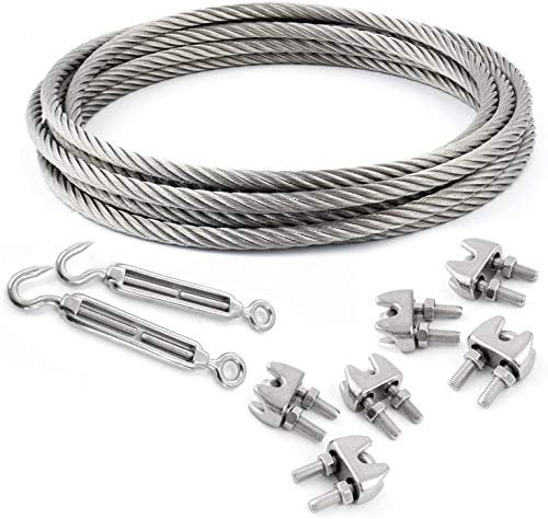 20m EDELSTAHLSEIL SET 3mm 7x7+6 x SEILKLEMMEN V4A+2 x SPANNSCHLOSS HAKEN - ÖSE Stahlseil Inox VA Seil Rostfrei Kauschen Spannschraube Klemmen Spanner