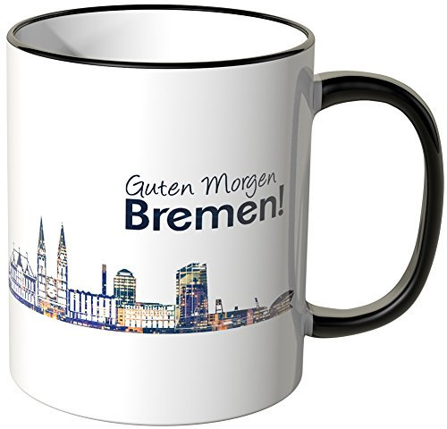 WANDKINGS® Tasse, Schriftzug Guten Morgen Bremen! mit Skyline bei Nacht - SCHWARZ