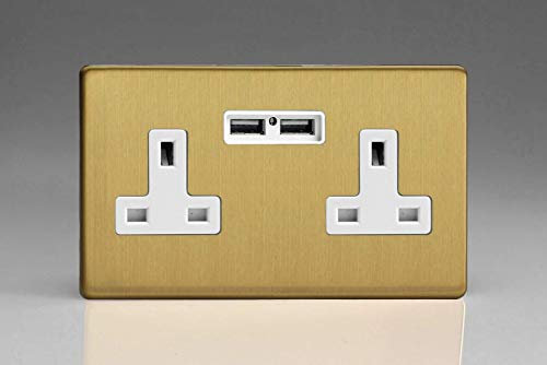 XDB5U2WS Varilight 2 Gang, 13 Amp Unswitched Socket with 2 Optimised USB Charging Ports, White Insert. Dimension Screwless Brushed Brass Effect