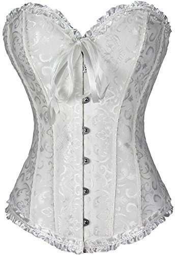 Damen-Schnür-Korsett, Top, Übergröße, Satin, Blumen, Überbrustkorsett mit Korsettstäben, Bustier, Dessous - Weiß - 6X-large