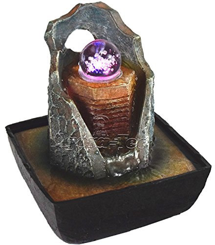 Agora-Tec® Wasserspiel & Zimmerbrunnen Magic mit drehender Glaskugel mit Vier Farben LED Beleuchtung, sehr angenehmer leiser Wasserlauf 21 cm hoch