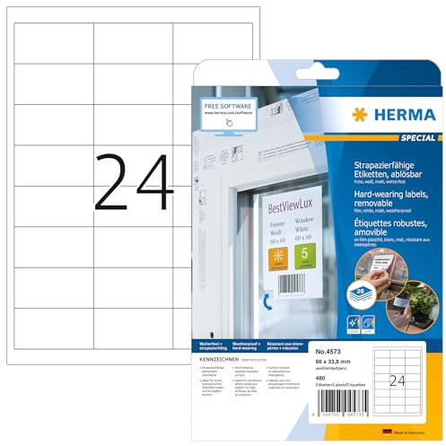 HERMA 4573 Wetterfeste Folienetiketten ablösbar, 20 Blatt, 66 x 33,8 mm, 24 pro A4 Bogen, 480 Stück, selbstklebend, bedruckbar, matt, blanko Klebeetiketten Aufkleber aus Folie, weiß