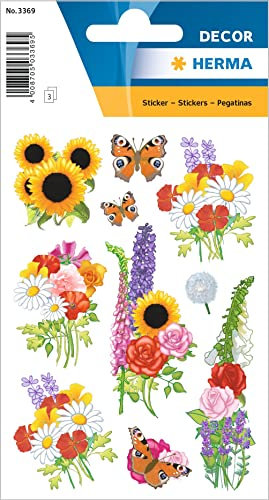 HERMA 3369 Aufkleber Blumen klein groß, 30 Stück, Pflanzen Sticker mit Sonnenblume Schmetterling Motiv, Kinder Etiketten für Fotoalbum Tagebuch Poesiealbum Scrapbooking Geburtstag Deko Briefe DIY