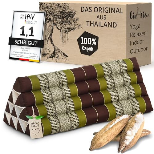 livasia Rückenstützkissen breit für Paare - 33x80x30cm - Dreieckskissen für Garten und Balkon, Keilkissen mit Kapok, handgefertigt, Meditationskissen (Braun/Grün)