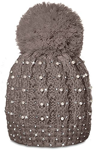 Caspar MU106 Damen Winter Mütze Bommelmütze mit Perlen und Glitzer Strass, Farbe:khaki, Größe:One Size