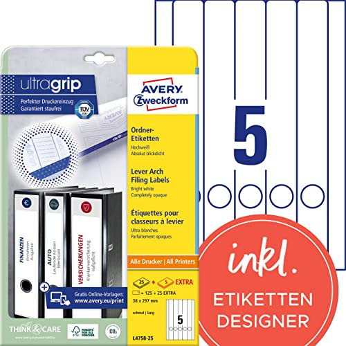 AVERY Zweckform L4758-25 Ordnerrücken Etiketten (150 Rückenschilder mit ultragrip, 38x297mm auf A4, schmal/lang, selbstklebend, absolut blickdicht, bedruckbare Ordneretiketten) 30 Blatt, weiß