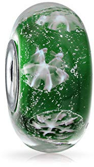 Bling Jewelry Grün Weiß Schneeflocke Murano Glas .925 Sterling Silber Kern Perle Passt Auf Europäisches Charm-Armband Für Frauen Für Teenager.
