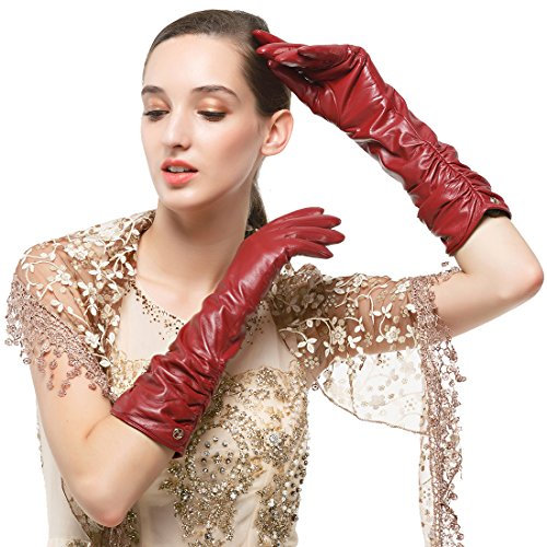 Nappaglo Damen Winter Lange Leder Handschuhe aus echtem Nappaleder Touchscreen Party Fausthandschuhe (XXL (Umfang der Handfläche:21.6-22.8cm), Winerot(Non-Touchscreen))