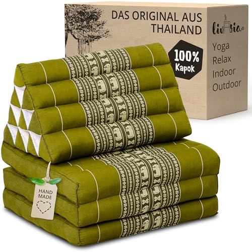 livasia Thaikissen mit 3 Auflagen - 175x50x8cm - Dreieckskissen mit Klappmatratze, Keilkissen Kapok, Rückenkissen faltbar, Thaimatte zum Klappen, handgefertigt, Meditationskissen (Grün/Elefanten)