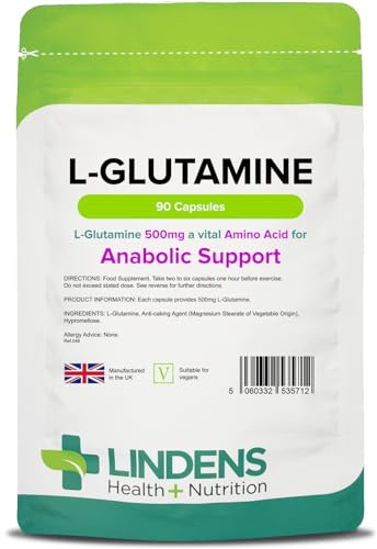 Lindens - L-Glutamine 500mg, 90 Capsules - UK Made - Anabolic Support, Muscle Recovery & Tissue Repair - Amino Acid Source, Rapid Release - Letterbox Friendly, Vegan