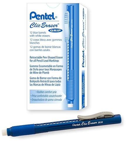 Pentel Clic Radiergummi mit Gummigriff, blauer Schaft, 12 Stück