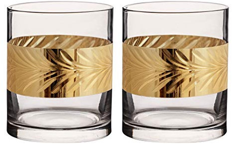 Dibor Set of 2 Tumblers - 400ml Gold Palm Leaf Embossed Drinking Glasses Whisky Gift Set (BJ19)