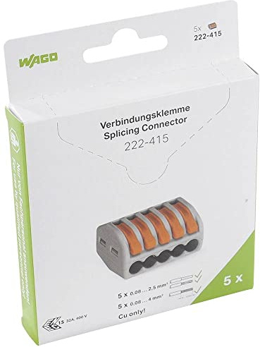 WAGO CLASSIC-Verbindungsklemmen 222-415/995-005 | 5 Leiter, bis 4 mm², 5 Stück, CLASSIC Kabelverbinder mit Hebeln für alle Leiterarten weltweit, bestätigte Anwendungssicherheit