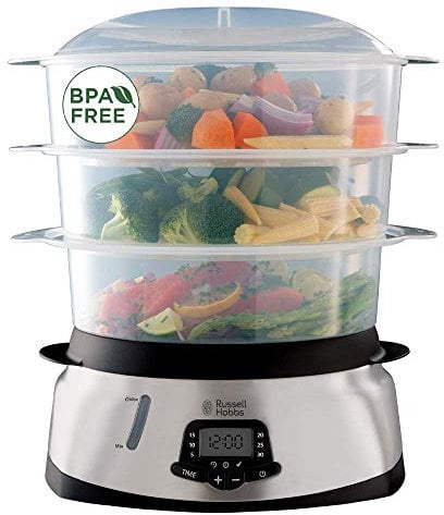 Russell Hobbs Vaporera Maxicook - 3 Recipientes para Cocinar al Vapor, Capacidad 10,5 litros, Cuenco para Arroz, Función Vapor Turbo, Control Digital, Sin BPA, Acero Inoxidable, 1000 W - 23560-56