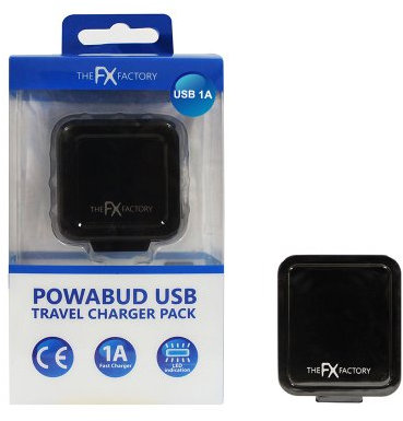 FX Factory Powabud 5V/1A USB Portable Mains Wall Charger for iPhone/iPad/Samsung Tab/iPod/Smartphone/5V Tablet/Bluetooth Speaker/Headset - Black