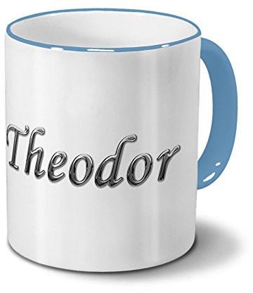 printplanet Tasse mit Namen Theodor - Motiv Chrom-Schriftzug - Namenstasse, Kaffeebecher, Mug, Becher, Kaffeetasse - Farbe Hellblau