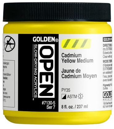 OPEN Slow-Drying Acrylics by GOLDEN, Cadmium Yellow Medium, 8 fl oz. Jar, Professional Acrylic Paint, Semi-Opaque