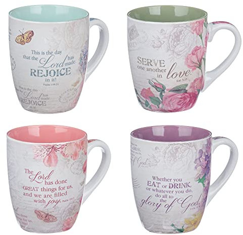 Christian Art Gifts Ceramic Coffee/Tea Mug Set for Women | Vintage Botanic Floral Inspirations Design Bible Verse Mug Set | Boxed Set/4 Coffee Cups