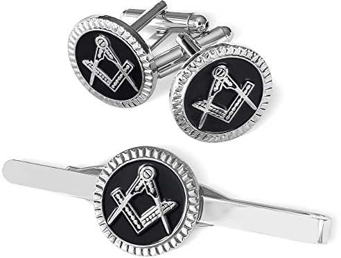 THE MASONIC COLLECTION - Winkelmaß & Zirkel Manschettenknöpfe und Krawattenklammer Set für Herren - Versilbert - In Geschenkbox -Ideale Freimaurer Geschenke für Männer