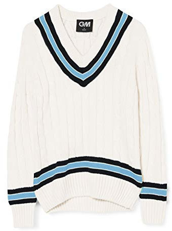 Gunn & Moore GM | Cricket Sweater Jumper Pullover | Classic Heavy Cable Knit | Long Sleeve | Cream with Navy Blue & Sky Blue Trimmed Collar | Medium Junior to fit chest 26-28