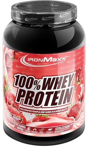 IronMaxx 100% Whey Protein Polvo - Fresa 900g Dosis | Proteína de suero de leche reducida en azúcar y soluble en agua | Disponible en muchos sabores diferentes