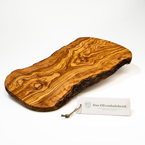 DAS OLIVENHOLZBRETT® Schneidebrett Olivenholz/Antipastibrett/Servierbrett aus Olivenholz/naturform/Olivenholzbrett mit naturbelassenem Rand, 50cm