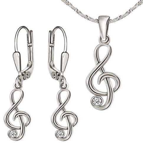 CLEVER SCHMUCK Damen Set mit Ohrhänger Notenschlüssel Zirkoniastein + passender Anhänger + Kette Singapur 45 cm Sterling Silber 925 im Etui weiß