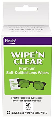 Flents Wipe'N Clear Lens Wipes by Flents, 20 Biodegradable Lens Cleaning Wipes, Individually Wrapped, Eco Friendly Products