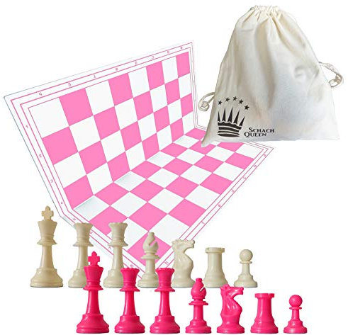 SchachQueen - Schachset: Schachbrett & Figuren, pink/weiß, Kunststoff, 57 mm Feldgröße, 97 mm Königshöhe, inkl. 2. Dame, für 2 Spieler, Alter 6-12 Jahre
