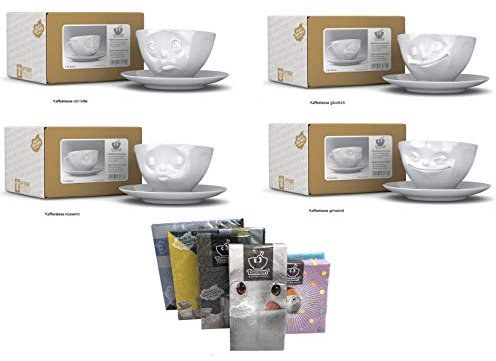 Fiftyeight 4er Tassen Set GRINSEND & KÜSSEND & GLÜCKLICH & OCH BITTE / weiß