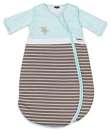 Gesslein Baby Schlafsack Bubou, mit Temperaturregulierung (langer Reißverschluss, 90), braun-weiß gestreift, hellblau mit Motiv Blume