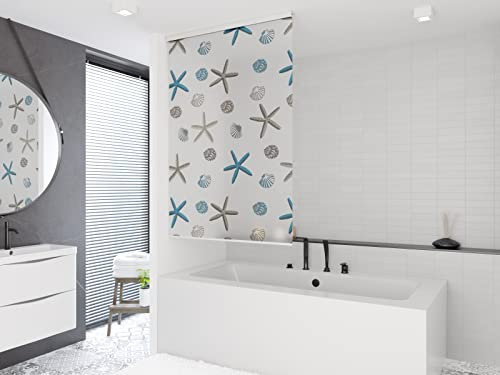 Tropik Home Shower Curtain Roller Blind 120cm wide x 240cm Drop, With Shells and Starfish Print, Waterproof