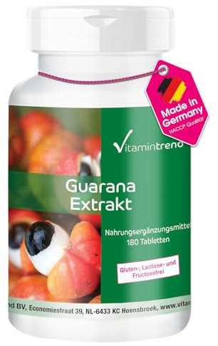 Guarana Extrakt - 1200mg Guaranasamen pro Tablette - 180 Tabletten - ! FÜR 6 MONATE ! - vegan - 4-fach konzentriert | Vitamintrend®