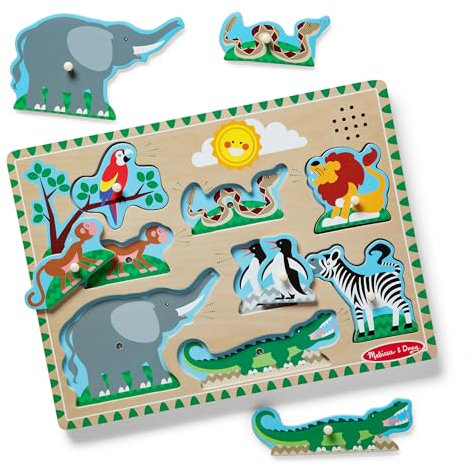 Melissa & Doug Zootiere Sound Puzzle - 8-teiliges Steckpuzzle aus Holz mit Tieren und Sound-Effekten, fördert Motorik und Hörvermögen, ab 2 Jahren