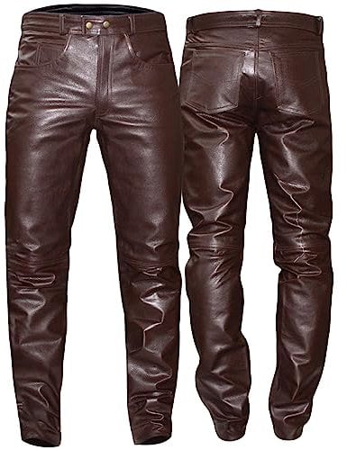 German Wear Lederhose Lederjeans bikerjeans Echtleder Hose aus Büffelleder braun, Größe:50