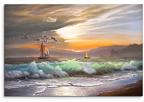 120x80cm Leinwandbild auf Keilrahmen Ölgemälde Meer Wellen Segelboot Abendrot Wandbild auf Leinwand als Panorama