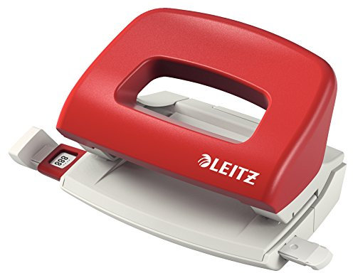 Leitz Mini Büro Locher aus Metall, kleiner Locher für 10 Blatt, Anschlagschiene mit Formatangaben, Ergonomisches Design, rot, 50580025