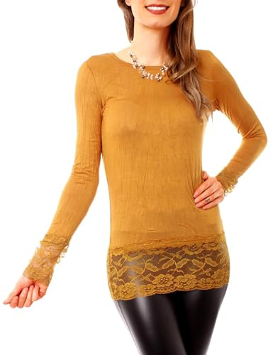Easy Young Fashion Damen Langarmshirt mit Spitze Skinny Unterziehshirt extra lang