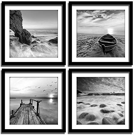 ENGLANT-4 Panels Set Framed Canvas Print for Seascape Beach and Boat Sunrise Scenery Black and White Giclee Canvas Print Wall Art Ready to Hang