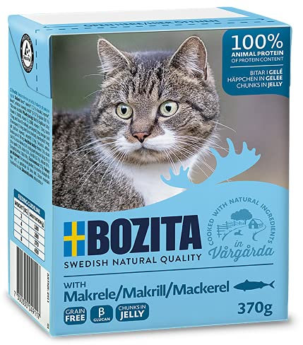 Bozita Häppchen in Gelee Nassfutter mit Makrele im Tetra Recart 1x370g - Getreidefrei - nachhaltig produziertes Katzenfutter für erwachsene Katzen - Alleinfuttermittel ,370 gm