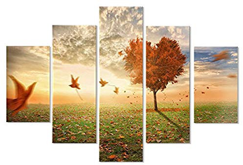 Quadro Moderno 5 Pezzi In Legno Vogue 66x115 Cm Foglie Al Vento