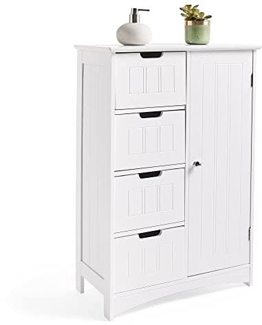 VonHaus Bathroom Floor Cabinet - White Storage Unit w/ 4 Drawers, Cupboard & Adjustable Shelf - Shaker Style Cabinet for Bathroom Organisation - Freestanding Cupboard for Kitchen, Living Room, Hallway