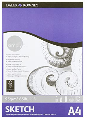 Daler-Rowney Simply 95gsm A4 Sketching Paper 72 White Sheets | Lightly Textured Paper, Glued 1 Side, For Entry-Level Artists & Hobbyists
