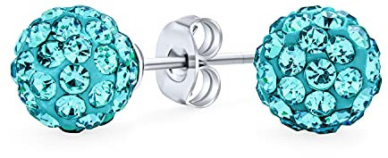 Pendientes De Bola De Discoteca De Cristal Pavé Azul Claro Para Mujeres Adolescentes, Diseño Básico Y Sencillo Redondo. Plata Esterlina .925 - Tamaño De 8MM