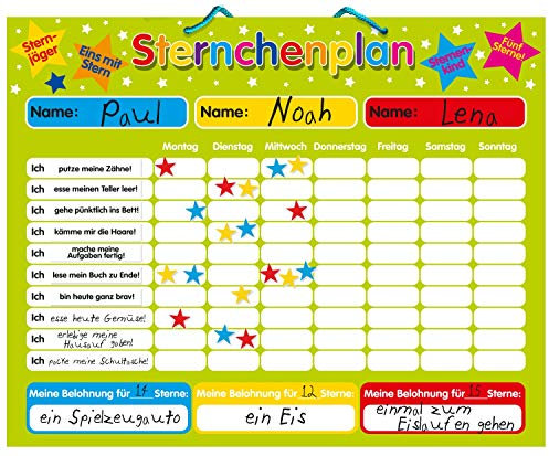 Magnetischer Sternchenplan/Belohnungstafel für bis zu DREI Kinder Feste Tafel, 40 x 30 cm, mit Aufhängeöse