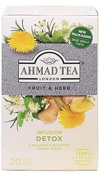 Ahmad Tea Detox Tea | Fruit & Herbal Infusion | Ginger, Dandelion, Nettle, Peppermint, Fennel, Birch leaves - 20 Teabag Sachets
