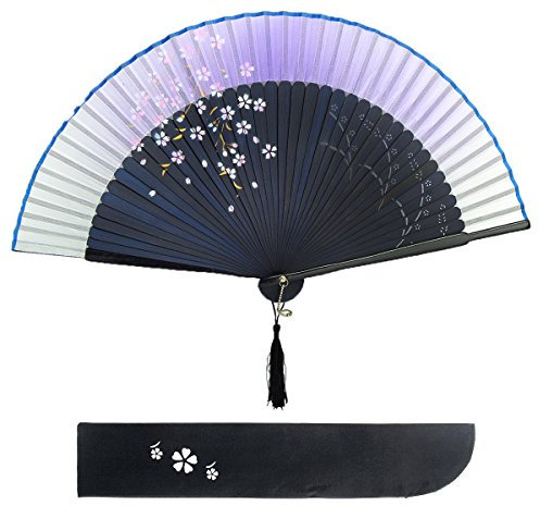 Dazone Blütenkirsche Muster Spitze Bambus Faltbar Handfächer für den Sommer Anlässen, Gartenfeste, Hochzeiten im Freien, Tuch Dekoration (Lila)