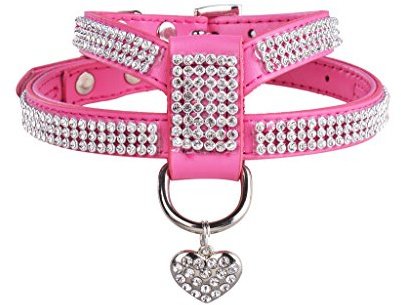 EXPAWLORER Hundegeschirr aus echtem Leder, weich gepolstert, glitzernde Strass-Weste mit Herz-Anhänger, für Welpen, Katzen, Rosa