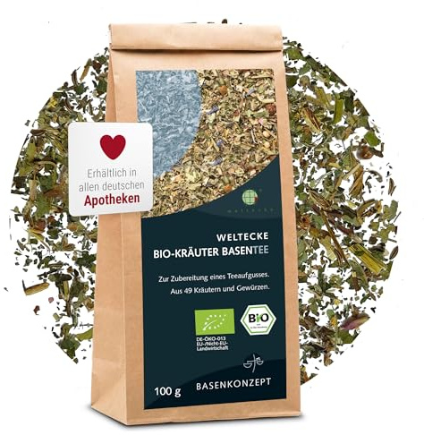 Weltecke Bio-Basen-Tee lose aus 49 Kräutern 100 g | Basischer-Kräuter-Tee I In Deutschland hergestellt & abgefüllt | Für die basische Ernährung | Bio-Kräuter-Tee für den Säure-Basen-Haushalt